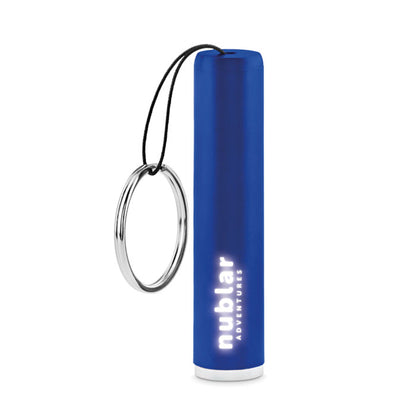 Llavero linterna pequeño de plástico azul personalizada con logotipo iluminado