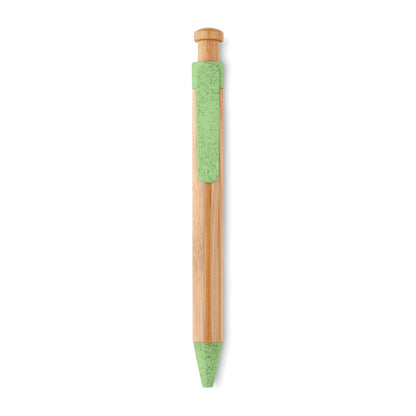 Vista frontal de bolígrafo de cuerpo y pulsador de bambú y clip y punta de color verde