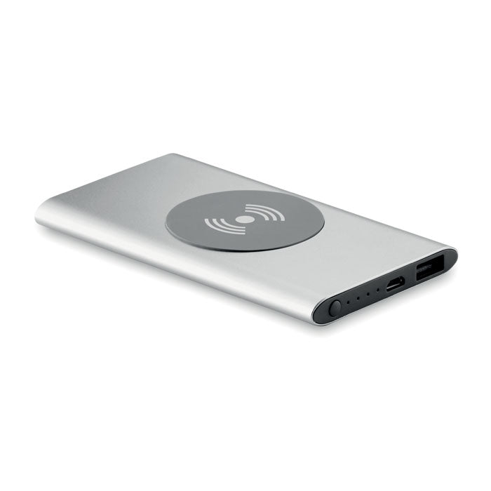 POWER&WIRELESS - Powerbank Wireless 4000mAh 5W, powerbank inalámbrico en color plata mate, puerto USB y carga inalámbrica.