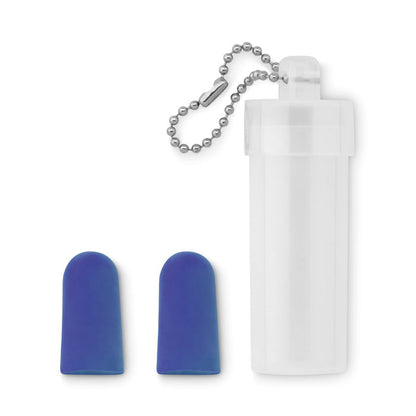 Tapones azules para los oidos presentados en un tubo de plástico blanco con llavero