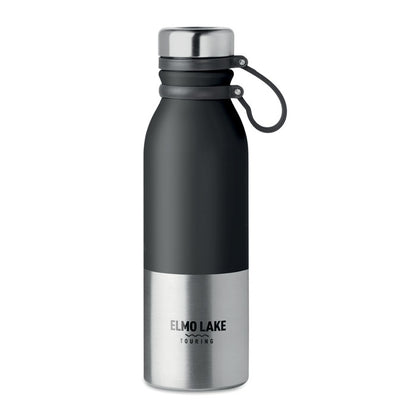 Botella de metal gris y negra personalizada con logotipo