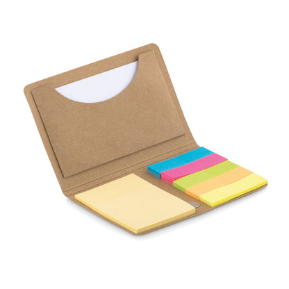 Tarjetero de cartón  con notas adhesivas de colores