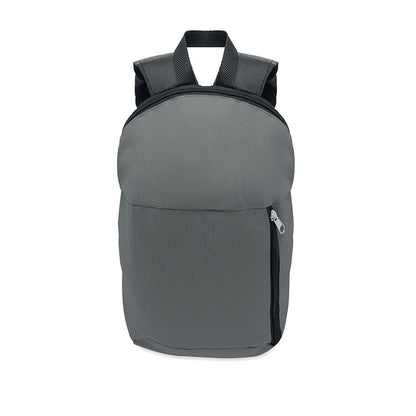 Vista superior de mochila para colegio gris con bolsillo frontal ocn cremallera