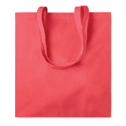 Vista frontal de bolsa de la compra roja de telay asas largas