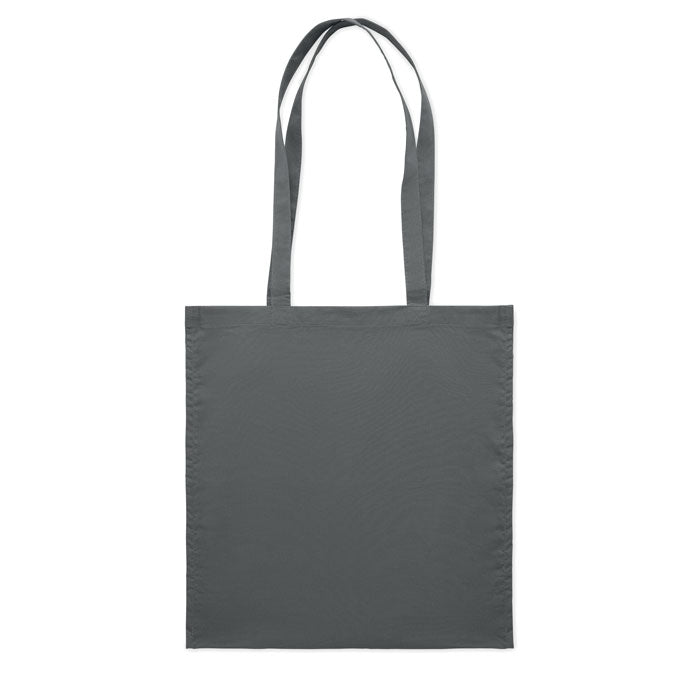 Bolsa de algodón gris de asas largas, forma rectangular y material resistente, ideal para compras.