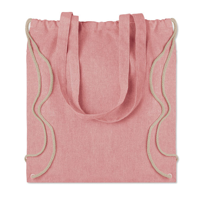 Vista trasera de la bolsa MOIRA DUO rosa, mochila de tela reciclada con cuerdas y asas largas, ideal para campañas promocionales sostenibles.