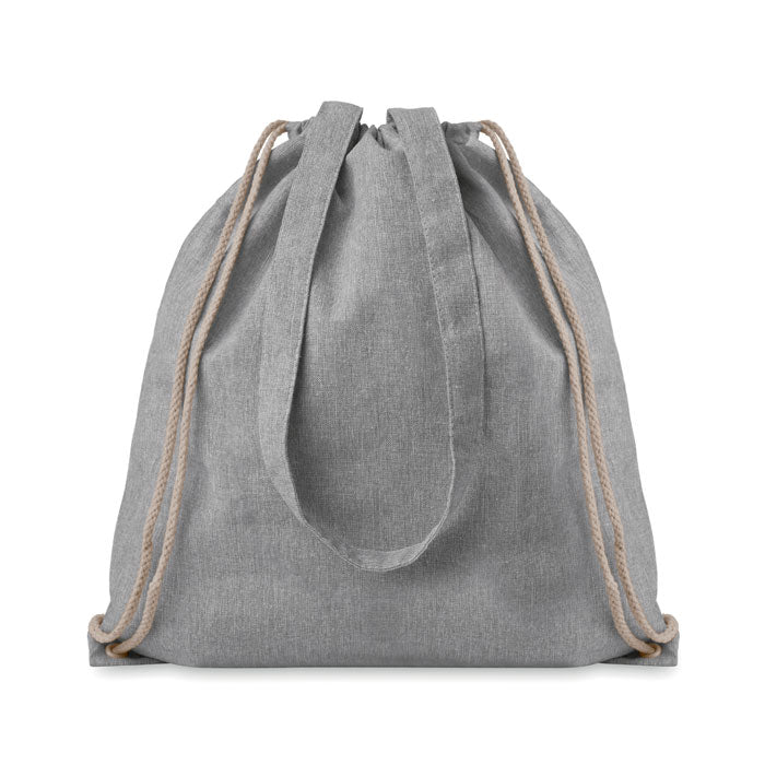 MOIRA DUO - Bolsa mochila de cuerdas ecológica de algodón reciclado en gris jaspeado, diseño versátil para compras o uso diario.