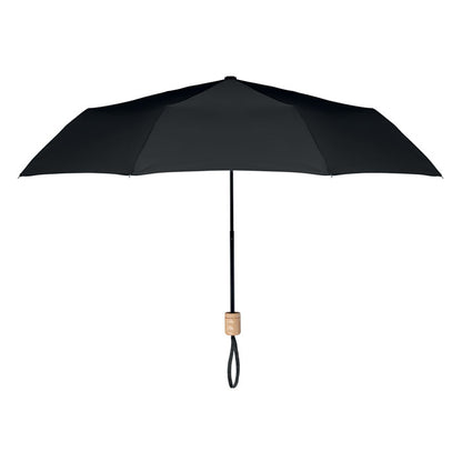 Paraguas negro plegable con mango de madera