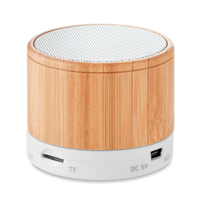 Altavoz inalámbrico cilíndrico de madera y plástico blanco con clavija para cargador y entrada para tarjeta SD
