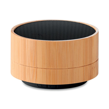 Altavoz circular de madera de bambú con detalles en color negro 