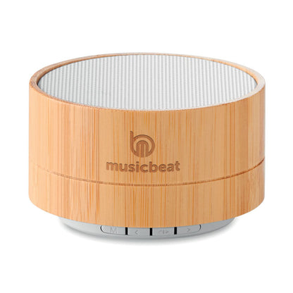 Altavoz circular de madera personalizado con logotipo en la parte frontal
