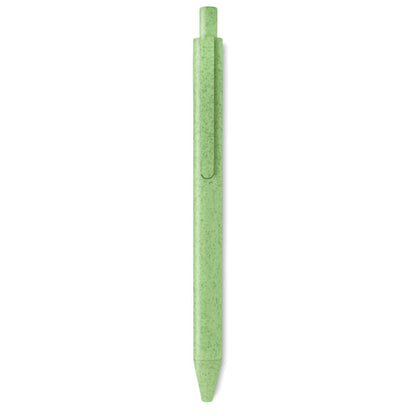 Bolígrafo verde de plástico y paja con pulsador y clip