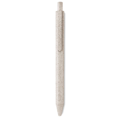Bolígrafo beige de plástico y paja con pulsador y clip