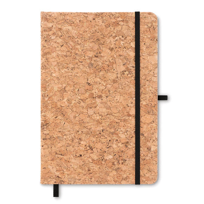 Libreta de corcho tamaño A5 con cierre de goma y marcapáginas de color blanco