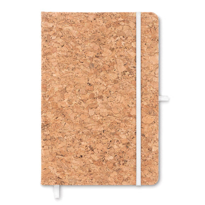 Libreta de corcho tamaño A5 con cierre de goma y marcapáginas de color blanco