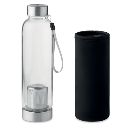 Botella de cristal con infusor de té y funda de neopreno negra