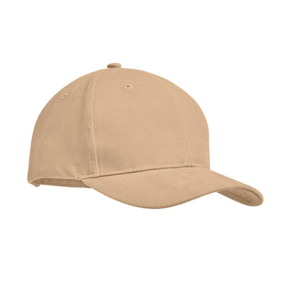 Vista frontal de gorra de 6 paneles beige