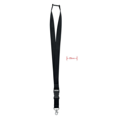 Lanyard negro de 25 mm con mosquetón y hebilla de cierre