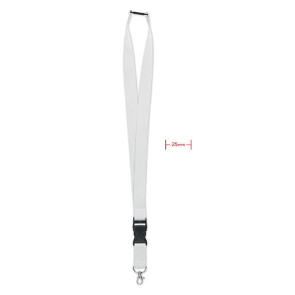 Lanyard blanco de 25 mm con mosquetón y hebilla de cierre