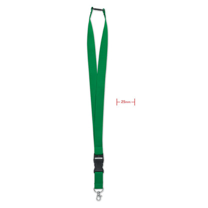 Lanyard verde de 25 mm con mosquetón y hebilla de cierre