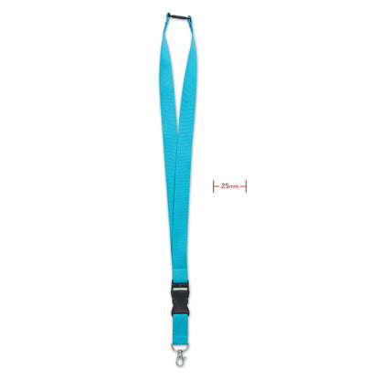 Lanyard turquesa de 25 mm con mosquetón y hebilla de cierre