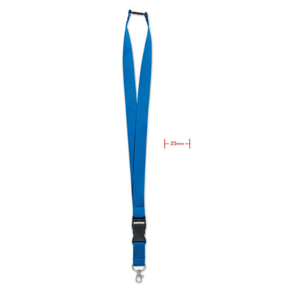 Lanyard azul  de 25 mm con mosquetón y hebilla de cierre