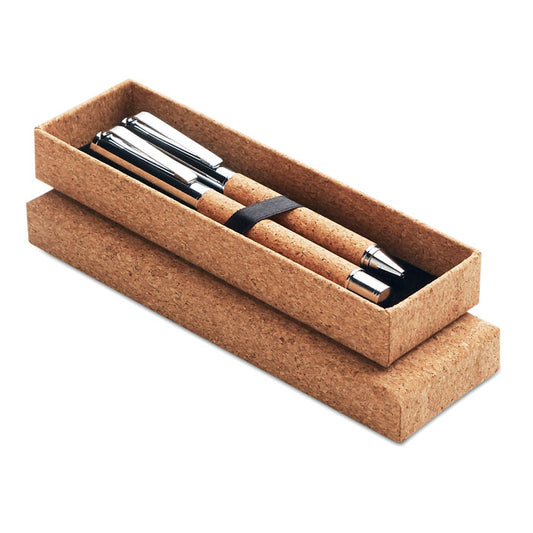 Set de bolígrafo y roller corcho en una elegante caja de corcho, diseño natural y acabado en metal.