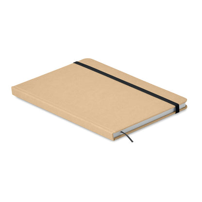Vista lateral Libreta de cartón reciclado con marcapáginas y cierre goma negro