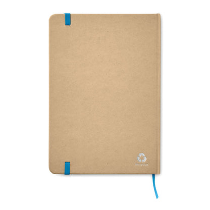 Vista trasera Libreta de cartón reciclado con marcapáginas y cierre goma azul