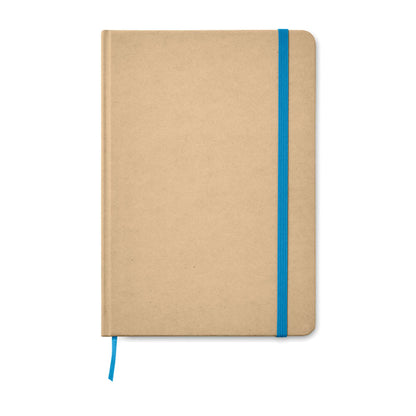 Libreta de cartón reciclado con marcapáginas y cierre goma azul