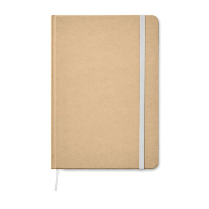 Libreta de cartón reciclado con marcapáginas y cierre goma blanca