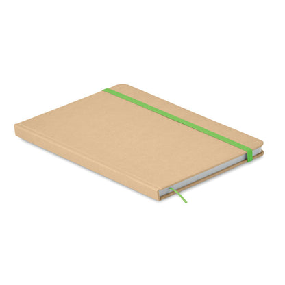 Vista trasera Libreta de cartón reciclado con marcapáginas y cierre goma verde