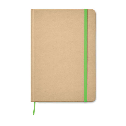 Libreta de cartón reciclado con marcapáginas y cierre goma verde