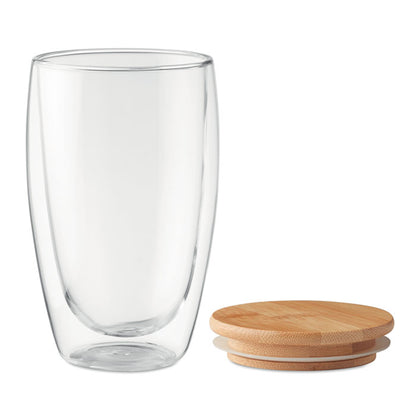 Vaso de vidrio de doble pared con tapa hermetica de madera