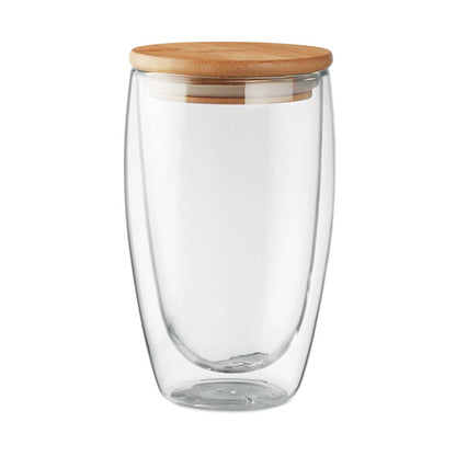 Vaso de borosilicato de doble pared con tapa de bambú