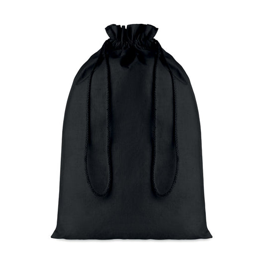 TASKE LARGE - Bolsa de algodón grande negra para regalos con cierre de cordón, ideal para envolver productos ecológicos o promocionales.