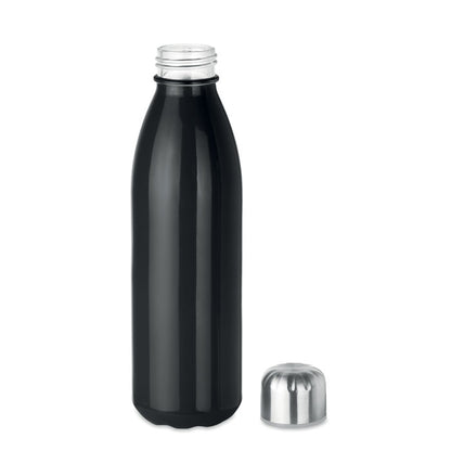 Botella de vidrio negro y tapón de acero al lado