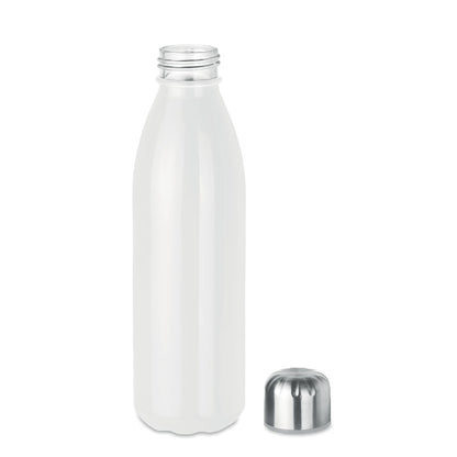 Botella de cristal blanca y tapa de acero al lado