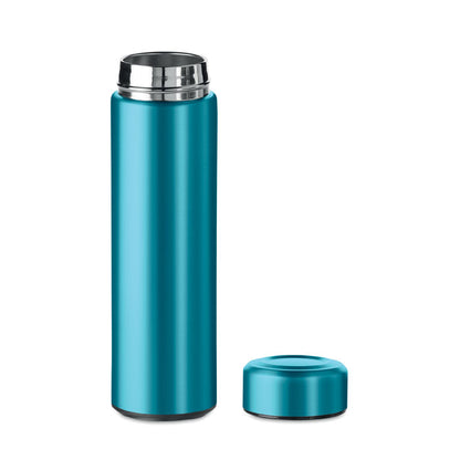 Termo azul de acero inoxidable con tapón quitado