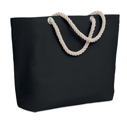 Bolsa negra de playa con asas beige de cordón