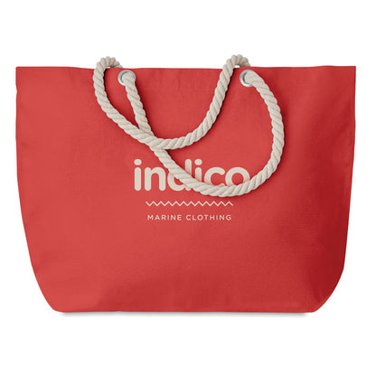 Bolsa roja de playa con asas beige de cordón
