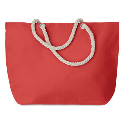 Bolsa roja de playa con asas beige de cordón