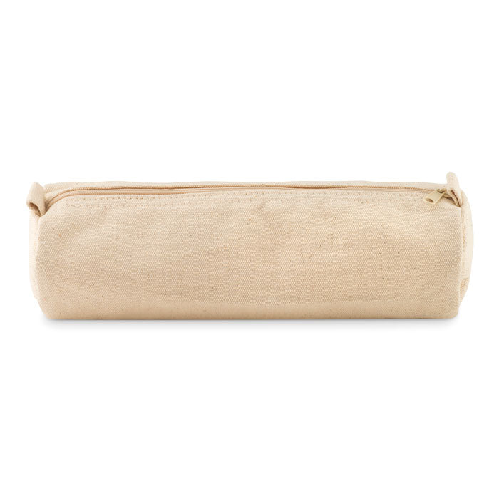 Estuche de algodón beige de 320 g/m² con cremallera y tirador, vista frontal, forma tubular y acabado natural.