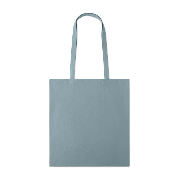 Bolsa de algodón color azul claro con asas largas, diseño simple y material resistente.