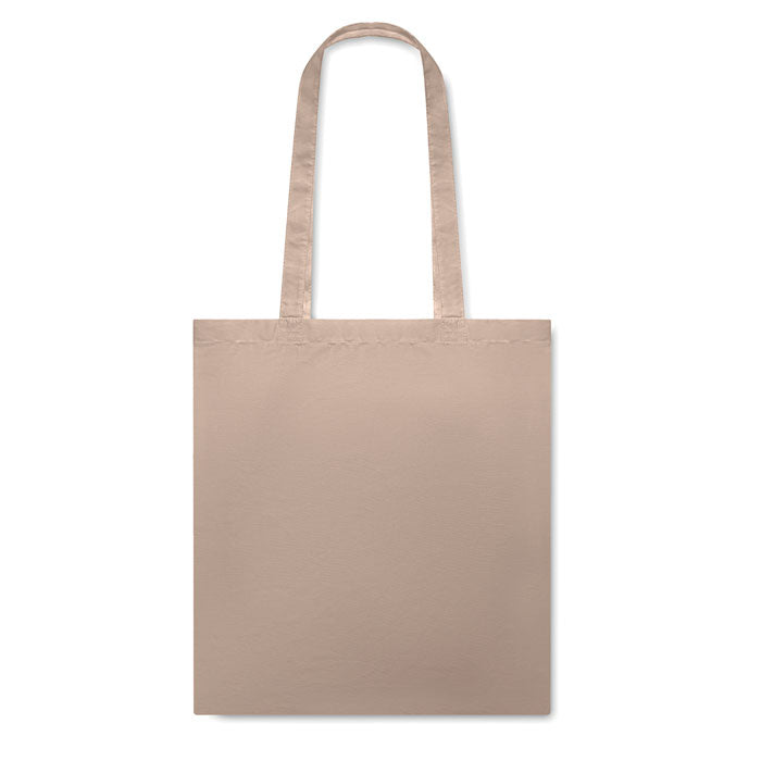 Bolsa de algodón de color beige con asas largas, material ligero y diseño rectangular.