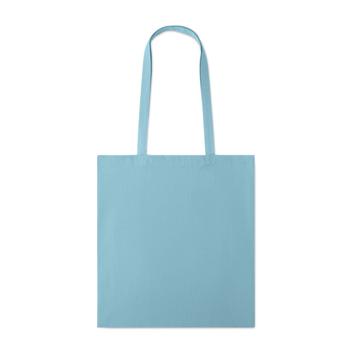 Bolsa de algodón de color azul claro con asas largas y diseño liso, ideal para compras.