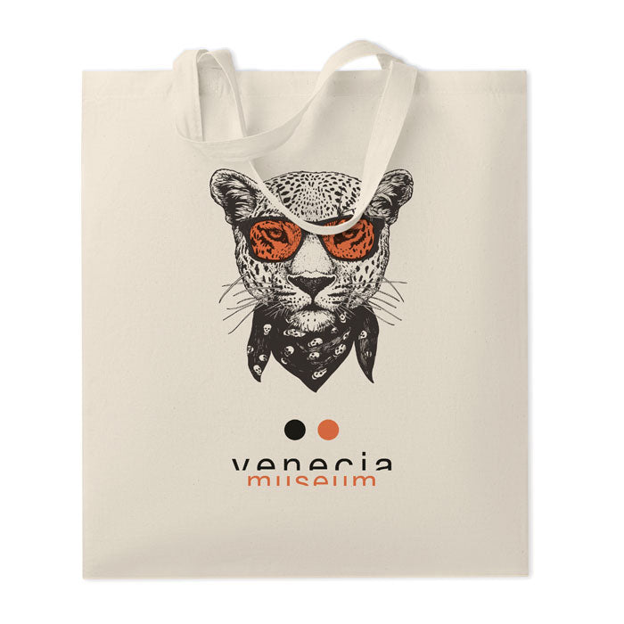 Bolsa de algodón MARKETA + 140 gr/m² personalizada con diseño de leopardo, perfecta como tote ecológica para jardín o regalo promocional.