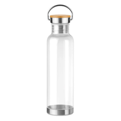 Botella de tritán transparente con tapa de madera