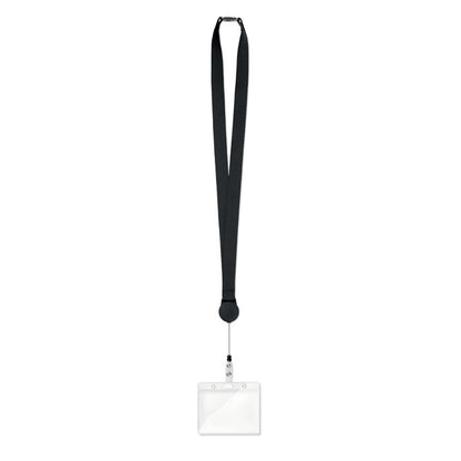 Lanyard negro de 2 cm con acreditación en mosquetón