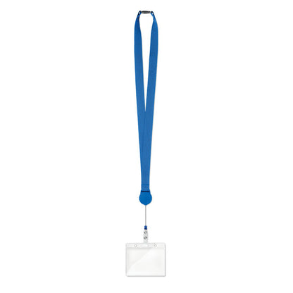 Lanyard azul de 2 cm con acreditación en mosquetón
